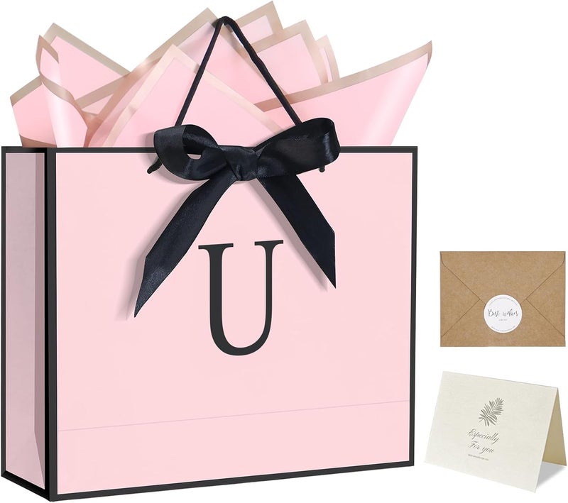 QLSKO Personalized Initial Paper Bag for Women Grils,Monogrammed Gift Bag with Bow Ribbon,Wrapping Tissue and Card Matching Envelope Sticker (Pink, U-Medium) - Image 1